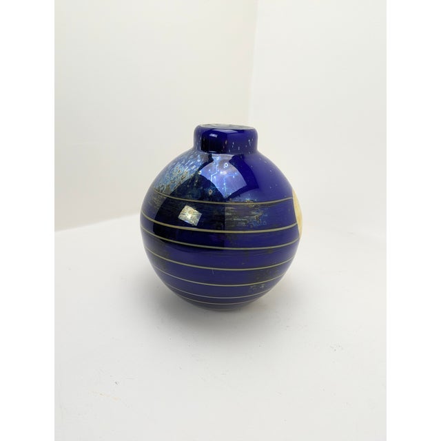 Heavy, large, and bulbous cobalt blue and yellow studio glass vase, "Flora," made of thick overlay glass with fused yellow...