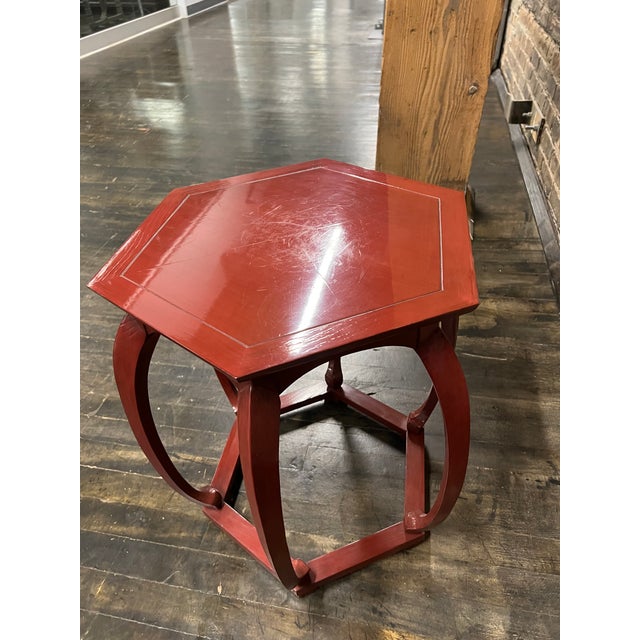 Red Baker Chinoiserie Style Red Lacquer Hexagonal Mid-Century Side Table For Sale - Image 8 of 9