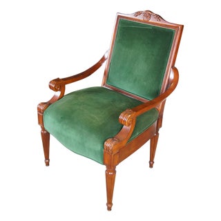 Vintage French Empire Style Birch Upholstered Library Accent Arm Chair Green For Sale