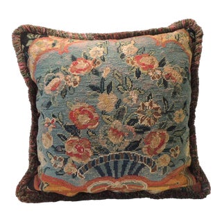 Vintage Needlepoint Gold and Blue Decorative Square Pillow For Sale