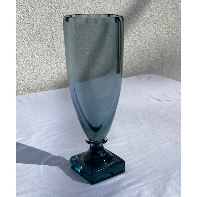 Traditional Vintage Mid 20th Century Slate Blue Glass Footed Vase For Sale - Image 3 of 9