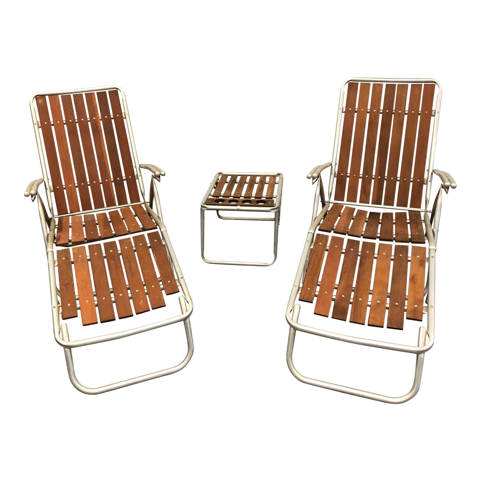 Vintage Mid Century Modern Redwood Patio Set Chaise Lounge Chair Pair & Side Table Chairish