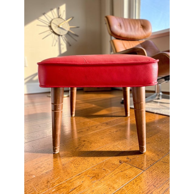 Atomic Mid Century Modern Red Vinyl Footstool Ottoman-Tapered Wood Legs-MCM For Sale - Image 4 of 8