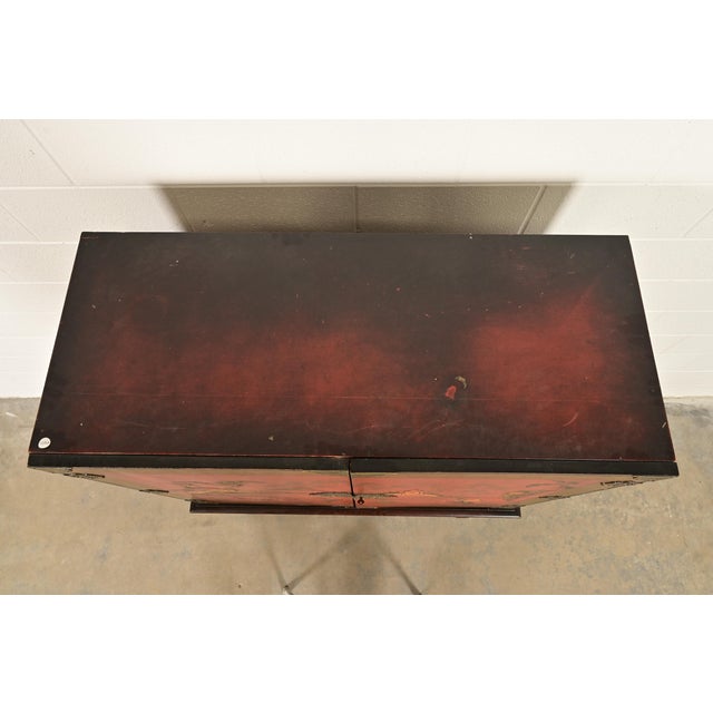 Hollywood Regency Chinoiserie Red Lacquered Hand Painted Bookcase or Bar Cabinet, Circa 1920s For Sale - Image 13 of 17