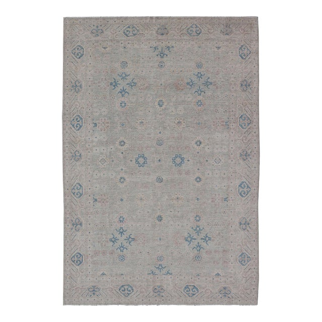 Modern All-Over Floral Oushak With Muted Background and Accent Colors 4'2" X 6'2" For Sale