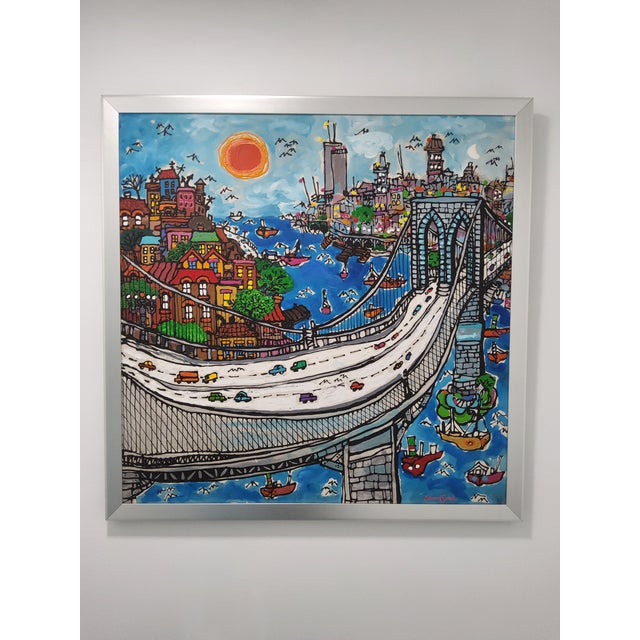 Original Mid Century Cityscape Painting of the Brooklyn Bridge by Edward Sokol 1979 For Sale - Image 18 of 18