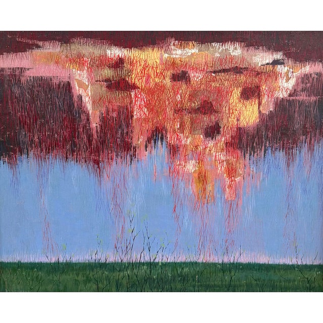 Mid century oil on canvas abstract surrealist landscape painting titled "Fall Out" by Donald Leroy Weismann (Texas /...