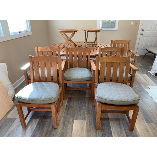 1990s Brown Jordan Mission Teak Patio Set With Table and Six Chairs