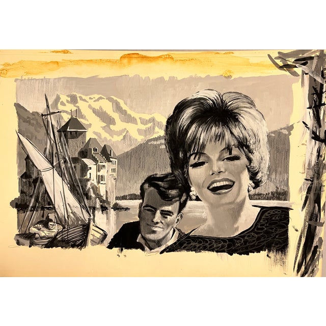 Excellent example of 1950s original commercial art by Del Palmer showing a man and woman in the foreground while...