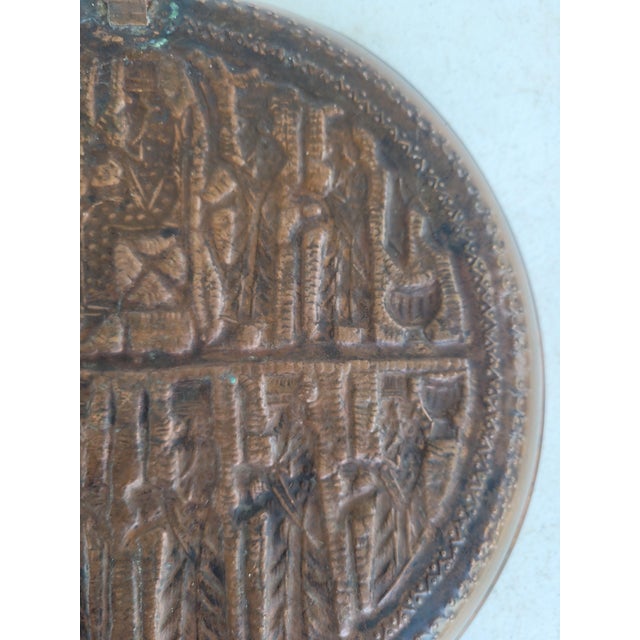 Vintage Persian Hand-Worked Copper Repoussé Wall Charger With Achaemenid Royal Court Scene For Sale - Image 6 of 8
