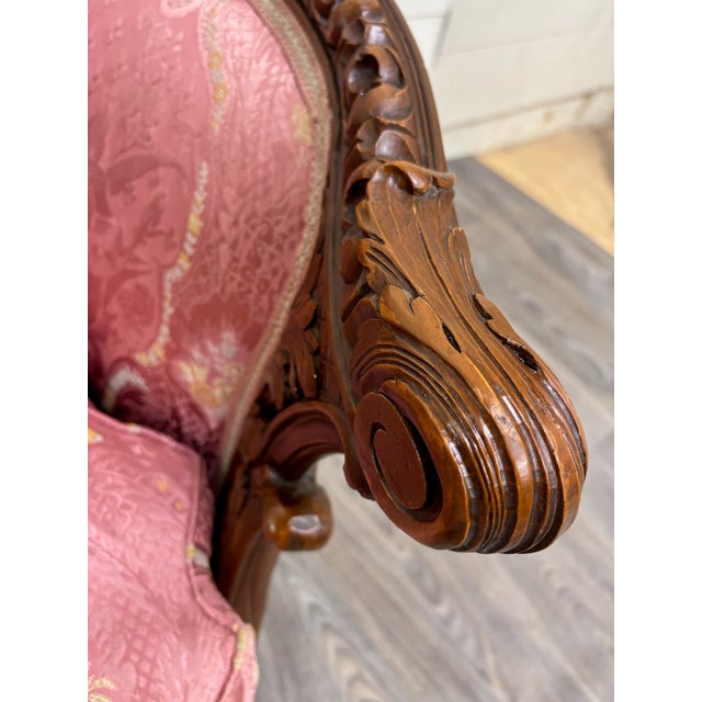 Pink Antique Victorian Rococo Revival French Louis XV Carved Walnut Loveseat Settee For Sale - Image 8 of 16