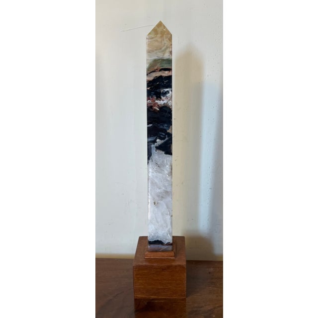 Wood Cut and Polished Fluorspar Exotic Stone Obelisk With Custom Wood Mount For Sale - Image 7 of 11