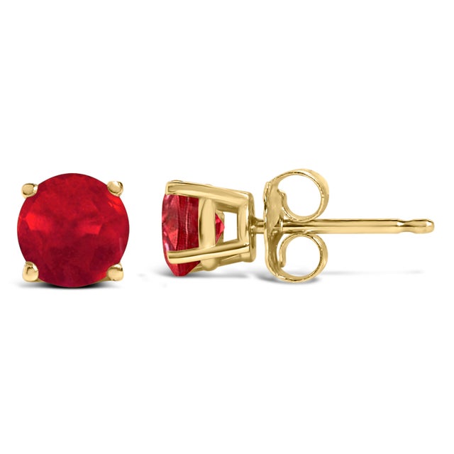 Contemporary 14K Yellow Gold 5X5MM Round Red Ruby Solitaire Stud Earrings For Sale - Image 3 of 5