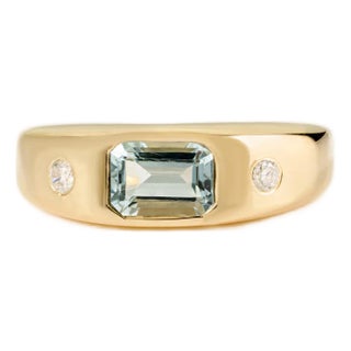 Vintage Inspired Aquamarine Diamond Gold Signet Ring Size 5.5 For Sale
