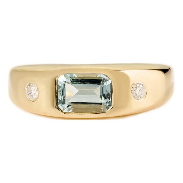 Vintage Inspired Aquamarine Diamond Gold Signet Ring Size 5.5 For Sale