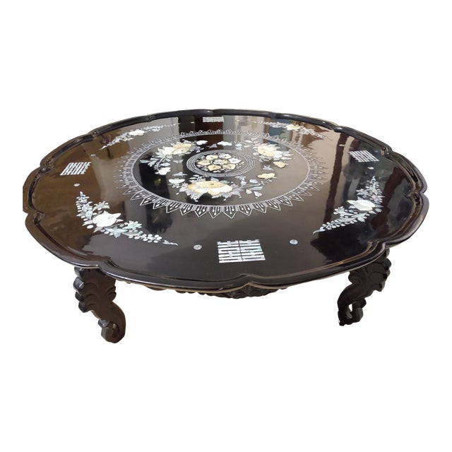 Asian Antique Pearl Inlay Black Lacquered Korean Folding Coffee