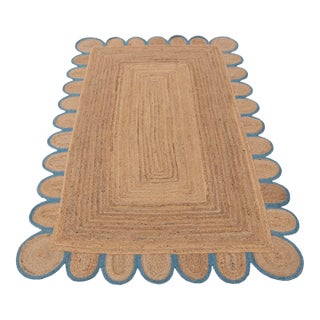 French Blue Scallop Edge Jute Rug 6x9 For Sale