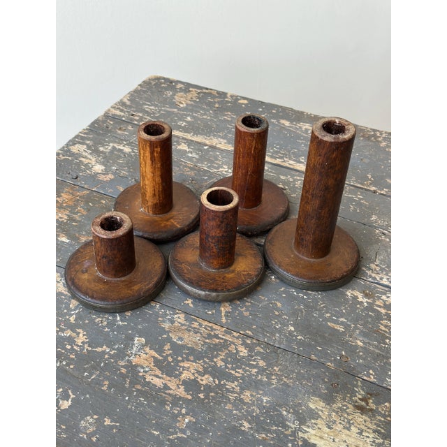 Brown Vintage Folk Art Repurposed Textile Spool Candleholders, Set of Five, Circa 1950s For Sale - Image 8 of 10