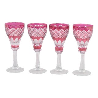 Bohemian Pink Crystal Wine Glasses with Cut Decoration, 1940s, Set of 4 For Sale