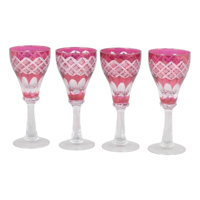 Bohemian Pink Crystal Wine Glasses with Cut Decoration, 1940s, Set of 4 For Sale