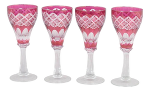 Bohemian Pink Crystal Wine Glasses with Cut Decoration, 1940s, Set of 4