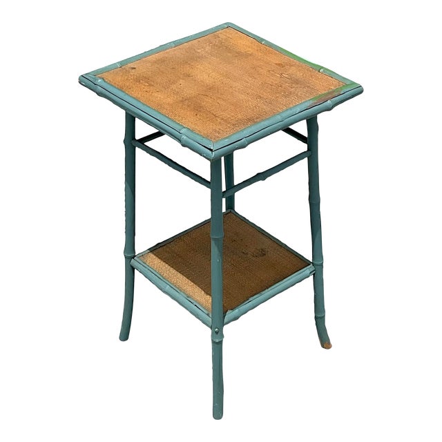 Vintage Coastal Painted Bamboo Side Table For Sale