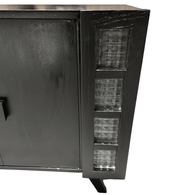 Wood Mid Century James Mont Styled Black Lacquered & Glass Bar Cabinet & Tv Stand For Sale - Image 7 of 12