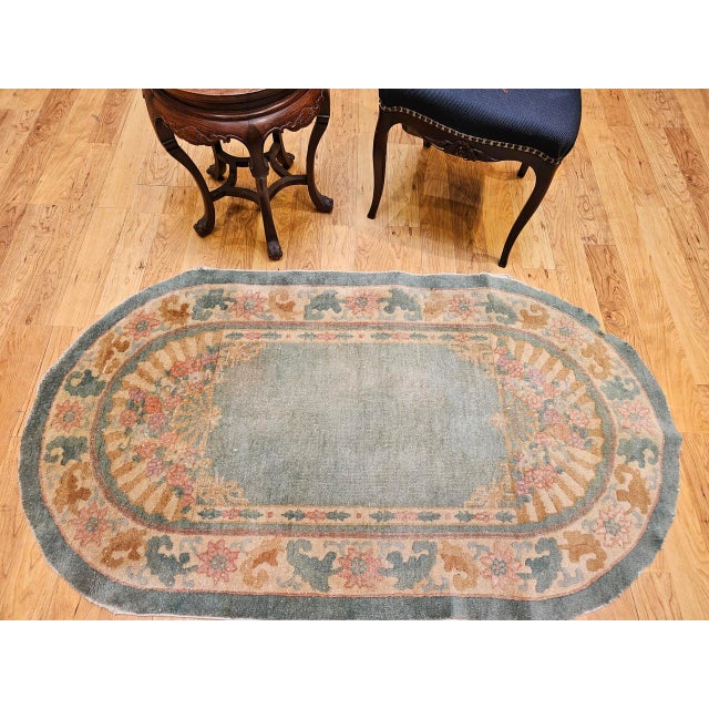 Textile Antique Art Deco Chinese Area Rug, Wool on Cotton, Floral Design, Oval 3' x 5' For Sale - Image 7 of 9