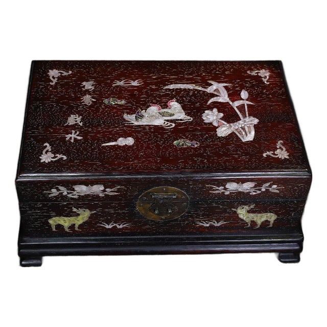 Dark Hardwood Storage Chest, Mother-of-Pearl Shell Inlay, Mandarin Ducks & Deer, Chinoiserie Decorative Treasure Box ## Dimensions For Sale