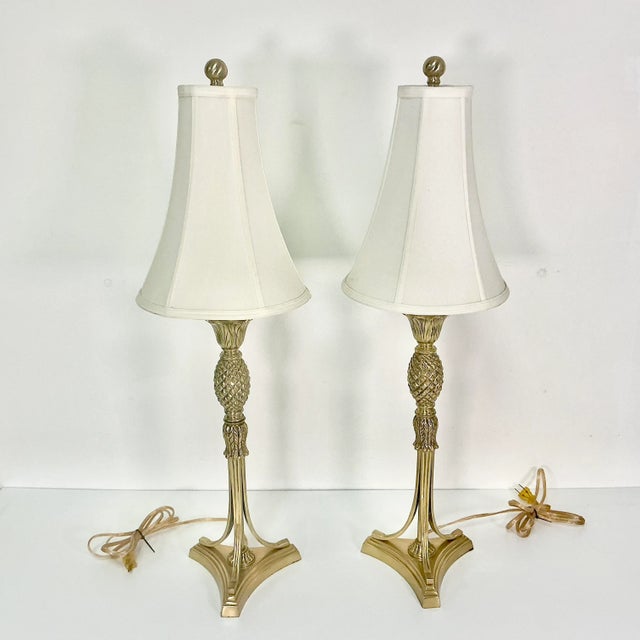 1980s Vintage Coastal Hollywood Regency Brass Pineapple Candlestick Table Lamps - A Pair For Sale - Image 6 of 10