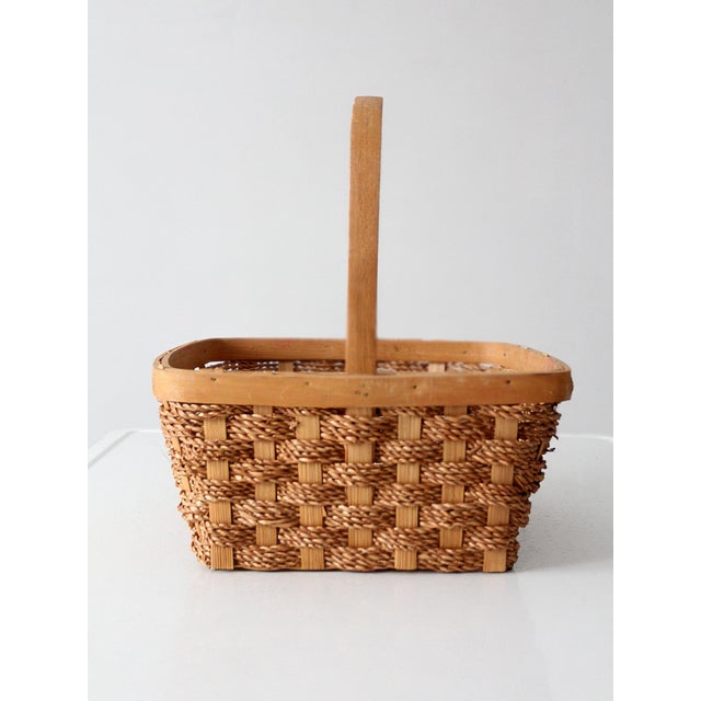Wood Vintage Woven Splint Market Basket With Handle For Sale - Image 7 of 13