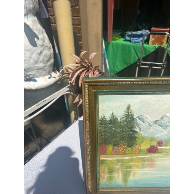 Mid-Century Modern 1990s Gold and Green Framed Riverside Painting With Colorful Foliage and Mountains For Sale - Image 3 of 8
