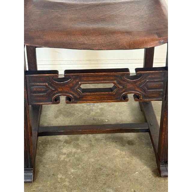 Set of Six Spanish Revival Leather and Carved Wood Armchairs For Sale - Image 11 of 17