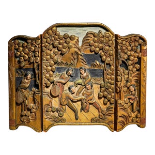 Chinese Hand Carved Painted Vintage Small Three Panel Tabletop Screen Home Decor For Sale