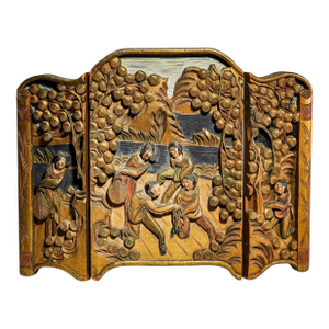 Chinese Hand Carved Painted Vintage Small Three Panel Tabletop Screen Home Decor