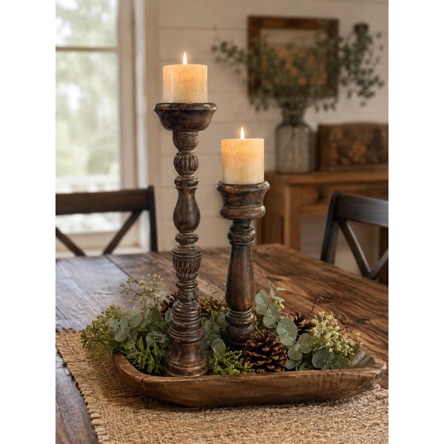 Pair of Oversized Hand-Turned Rustic Wood Candlesticks, 25” & 19” For Sale In Houston - Image 6 of 8