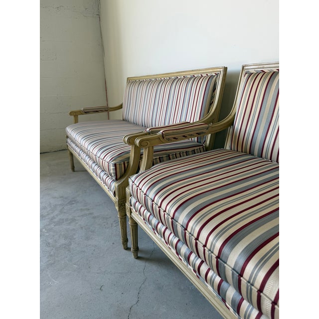 Vintage French Neoclassical Louis XV Style Striped Upholstery Settees – Pair For Sale - Image 11 of 17