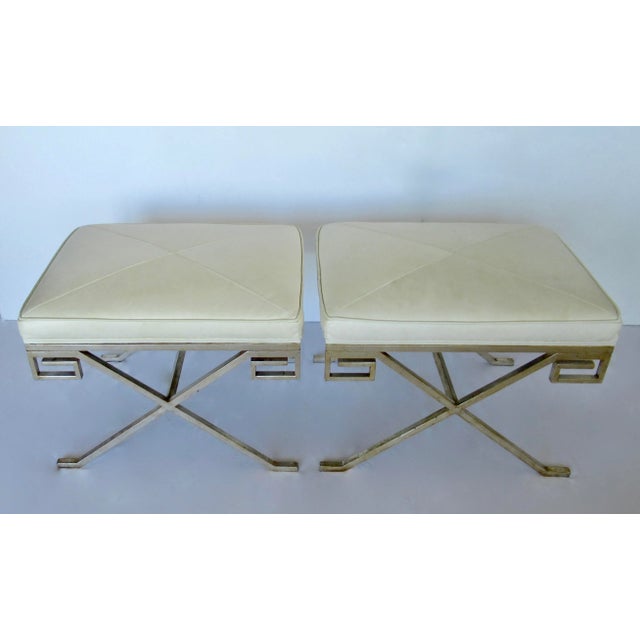 2000 - 2009 C. .2001 Nancy Corzine Gilt Sterling Silver Over Forged Metal "Greek Key," Leather Topped "Marston" Benches For Sale - Image 5 of 18