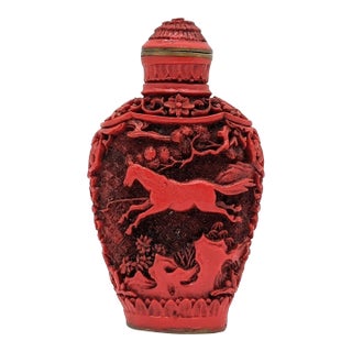 1900s Hand Carved Cinnabar Snuff Bottle Chinese - Horse and Floral Detailing For Sale