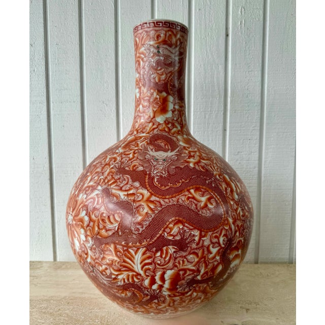 Pair of Oversized Green Eyed Red Dragon Five Fingered Claws Chinese Vases For Sale - Image 4 of 10