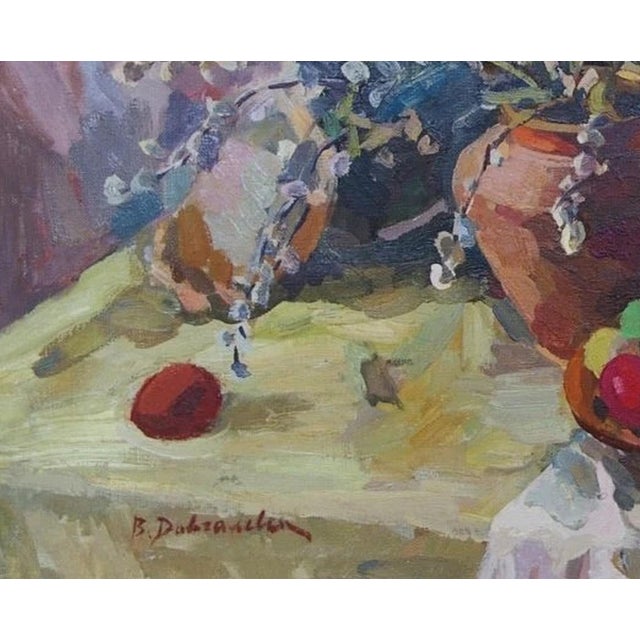 1960s Antique Still Life Oil Painting: Flowers and Food, Ukrainian Art 52-64 For Sale - Image 5 of 6