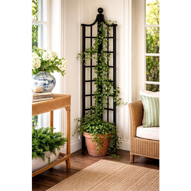 A tall and elegant black lacquer corner trellis featuring a classic grid lattice design and a sculptural finial top....
