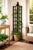 A tall and elegant black lacquer corner trellis featuring a classic grid lattice design and a sculptural finial top....