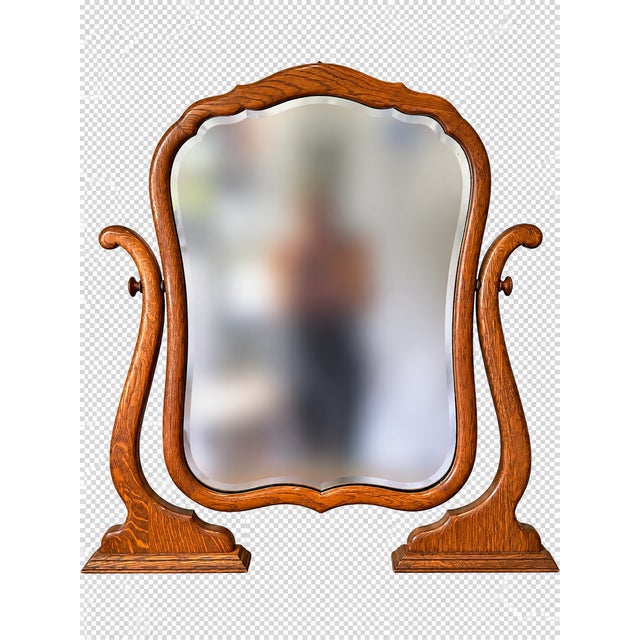 Traditional Antique 1900’s Atlas Furniture Co. Tiger Oak Serpentine Dresser With Tilting Beveled Mirror and Bail Pull Handles For Sale - Image 3 of 17