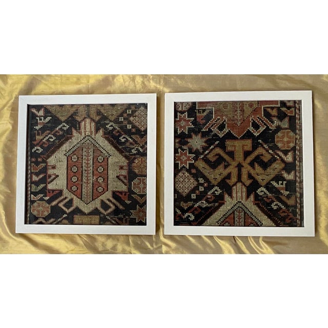 Modern Pair of Antique Caucasian Rug Fragments – Framed Museum-Style Textile Art For Sale - Image 3 of 14