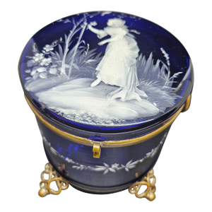 Antique Bohemian Mary Gregory Bristol Blue Glass Trinket Pot or Dressing Table Box