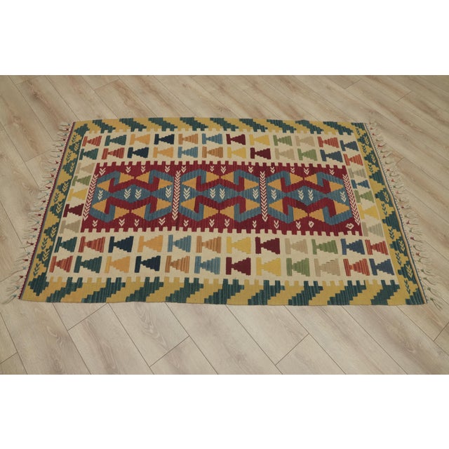 Traditional 1970s Boho Style Turkish Vintage Geometric Design Handmade Oushak Kilim Rug For Sale - Image 3 of 13