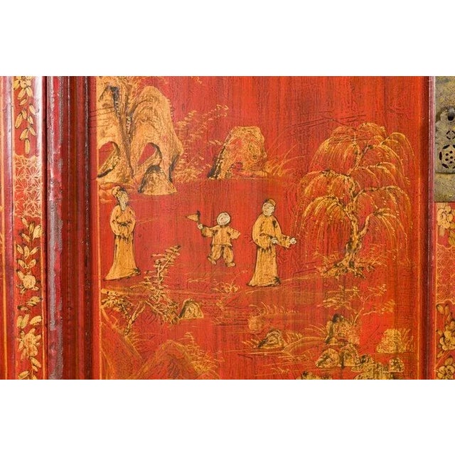 Red 19th Century Large Chinese Qing Dynasty Red Lacquer Armoire with Gilt Décor For Sale - Image 8 of 13