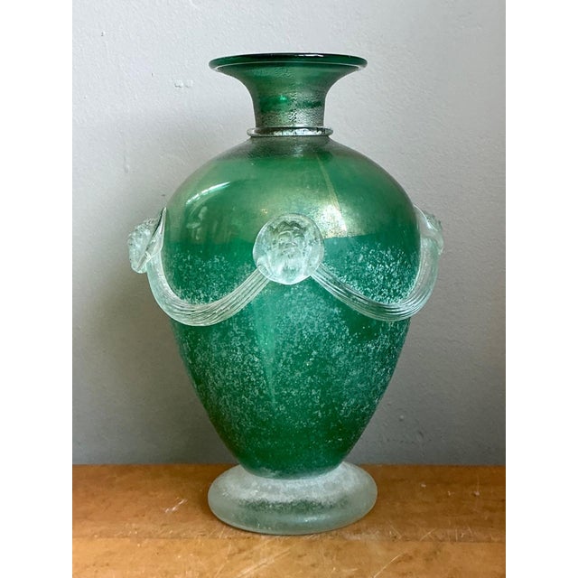 Vintage Green Art Glass Vase With Relief Faces For Sale - Image 4 of 12