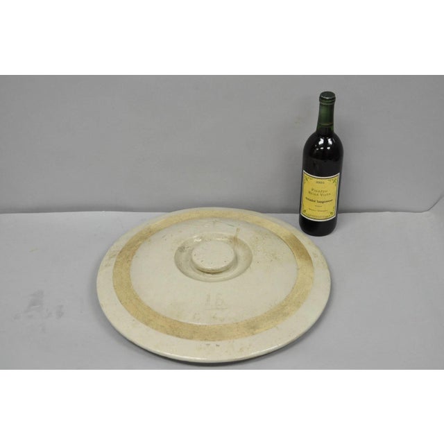 Antique American Primitive Salt Glazed Ceramic 15 Gallon Crock Pot Lid Cover. Circa Late 19th Century. Measurements: 3" H...
